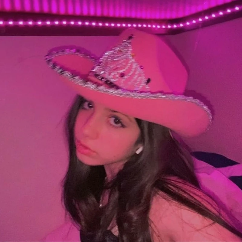 Western Style Cowboy Hat Pink Women's Fashion Party Cap Warped Wide Brim with LED Sequin Decoration Crown Tiara Cowgirl Hat