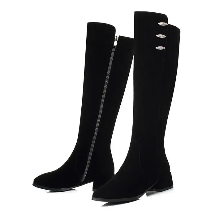 

2019 Autumn Boots Suede Low Heel High-Top Pointed-Toe Winter Fashion Women's Boot Zipper Knee-High Square Heel