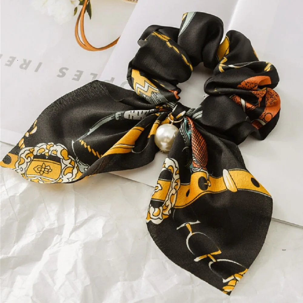 1PC Elastic Unique Bowknot Headwear Flower Chain Beautiful Print Seaside Gifts Hair Rope Adjustable Pearl Hairband