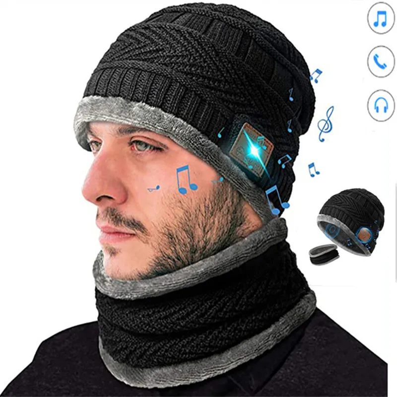 

Winter 2 in 1 Bluetooth Neck Cap Set Warm Beanie Music Headphone Plus Velvet Smart Wear Sport Knit Earphone Hat Scarf Sets 2020