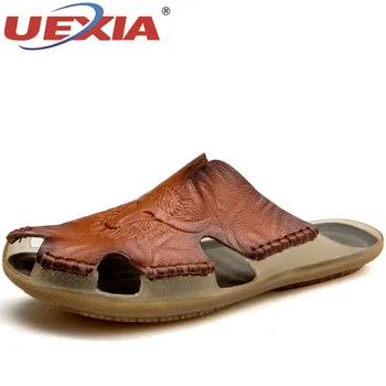 

UEXIA Men Leather Summer Non-slip Mens Slides Outdoor Breathable Beach Slippers Shoes Men Flip Flops Footwear Sandalias Big Size