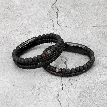 

New Classic Style Men Leather Bracelet Natural Stone Chakra Lava Stone Bracelets Stainless Steel Magnetic Clasp Fashion Bangles