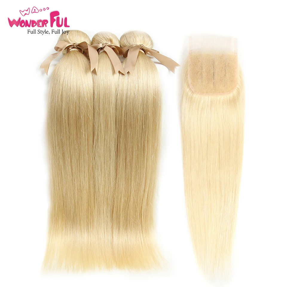 

Blonde Bundles With Closure Brazilian Straight 613 Blonde Human Hair Bundles with Closure Remy Hair Extension