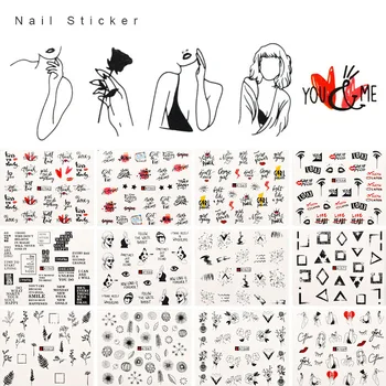 

12PCS English Phrases Nails Stickers Water Decals Slider Geometric/Girl/Leaf/Valentine Gift For Nail Art Decorations ZJT4086