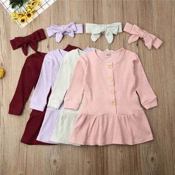 

1-5Years Newborn Toddler Baby Girls Autumn Clothes Set Knitted Long Sleeve Button Sweater Dress Headband Children Girls Outfits