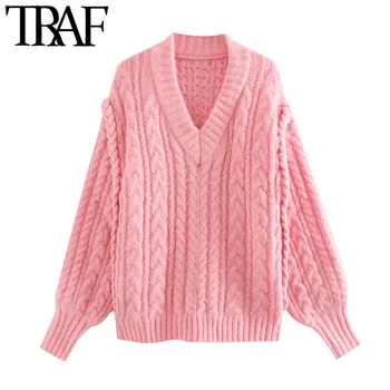 

TRAF Women Sweet Fashion Loose Cable Knitted Sweater Vintage V Neck Long Puff Sleeve Female Pullovers Chic Tops