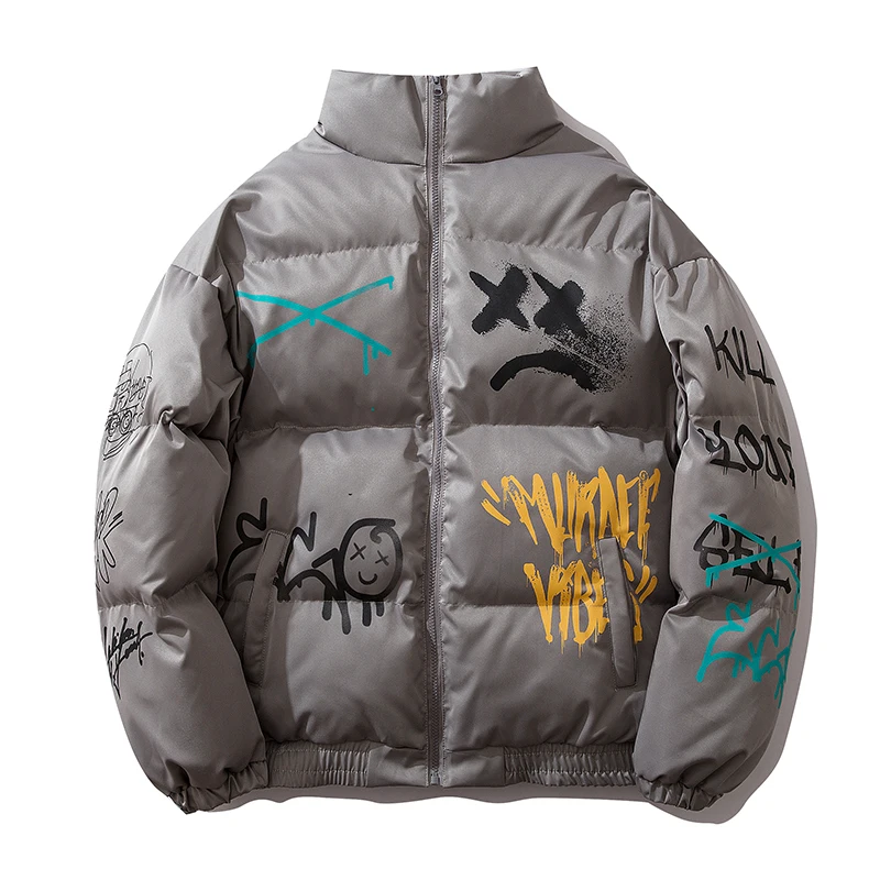 Padded Puffer Jacket Men Graffiti Print 