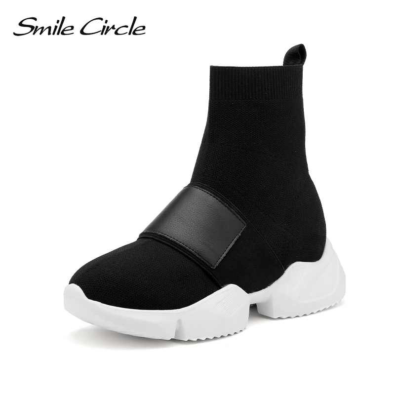 Online Zapatillas de punto de círculo de sonrisa para mujer zapatos de plataforma plana de calcetín superior zapatos ligeros transpirables casuales de fondo grueso