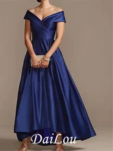 A-Line Mother of the Bride Dress Elegant Off Shoulder Asymmetrical Satin Short Sleeve with Pleats 2021