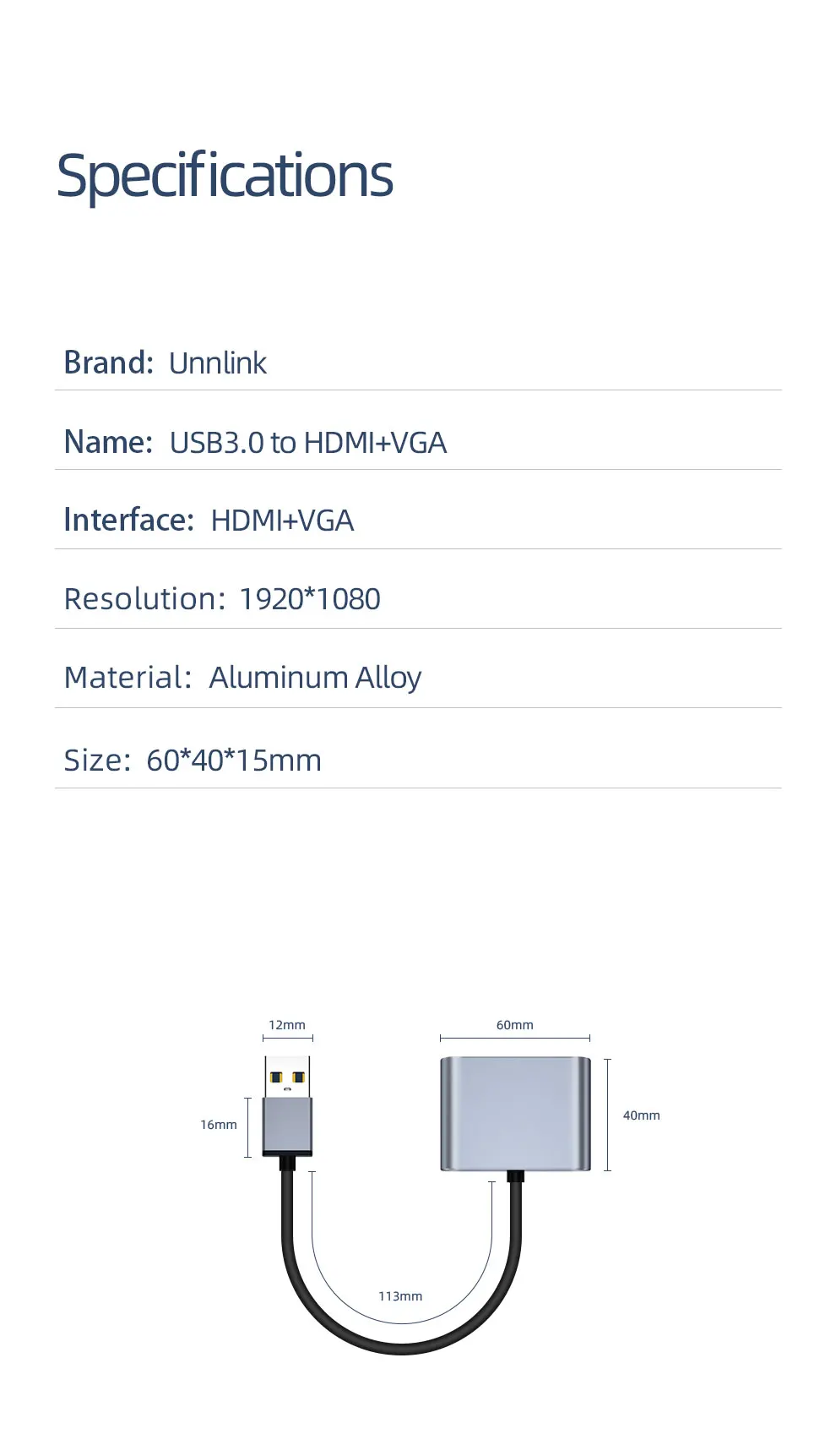 Unnlink USB3.0 к HDMI VGA конвертер адаптер FHD1080P@ 60 Гц внешний видеографические карты Аудио Видео кабель для Win7/8/10 ноутбука, настольного компьютера