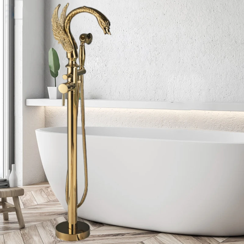 Luxury Golden Bathtub Faucet Swan 2 features hot and Cold Floor Standing Shower faucet bathtub faucet shower faucet