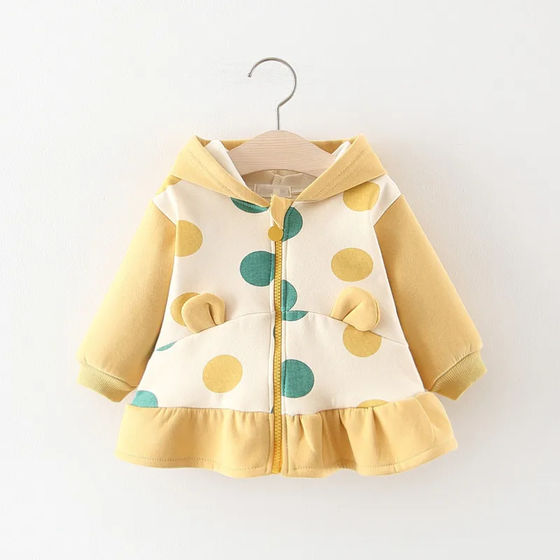 Зимние хлопковые толстые флисовые куртки в горошек с капюшоном и заячьими ушками для маленьких девочек детская повседневная верхняя одежда кардиганы для младенцев, пальто casaco - Цвет: Цвет: желтый
