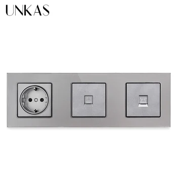 

UNKAS EU Standard Grey Socket + RJ45 Internet Computer Jack + TV Television Connector Port Crystal Glass Panel 258*86mm Outlet