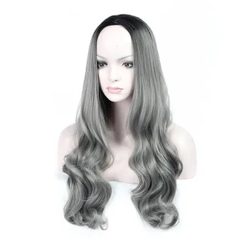 

SHUOHAN 28inch Synthetic Wavy Wig For Women Ombre Black Gray Heat Resistant High Temperature Fiber Long Cosplay SX190