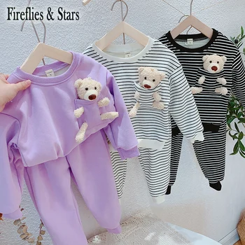 

Spring Autumn Girls 2 Pcs Set Baby Sweatshirt + Pants Kids Tracksuits Children Outwear Doll Bear Removable Velvet 2 To 7 yrs