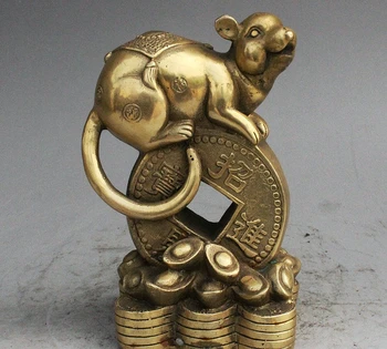 

6" China Fengshui Brass Wealth Yuanbao Money Zodiac Mouse Animal Statue On Coin