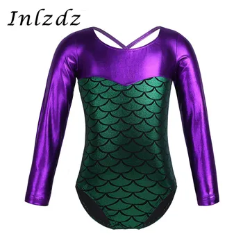 

Kids Girls Gymnastics Swimsuit for Dancing Glittery Dance Bodysuit Scales Printed Splice Ballet Tutu Costumes Leotard Dancewear