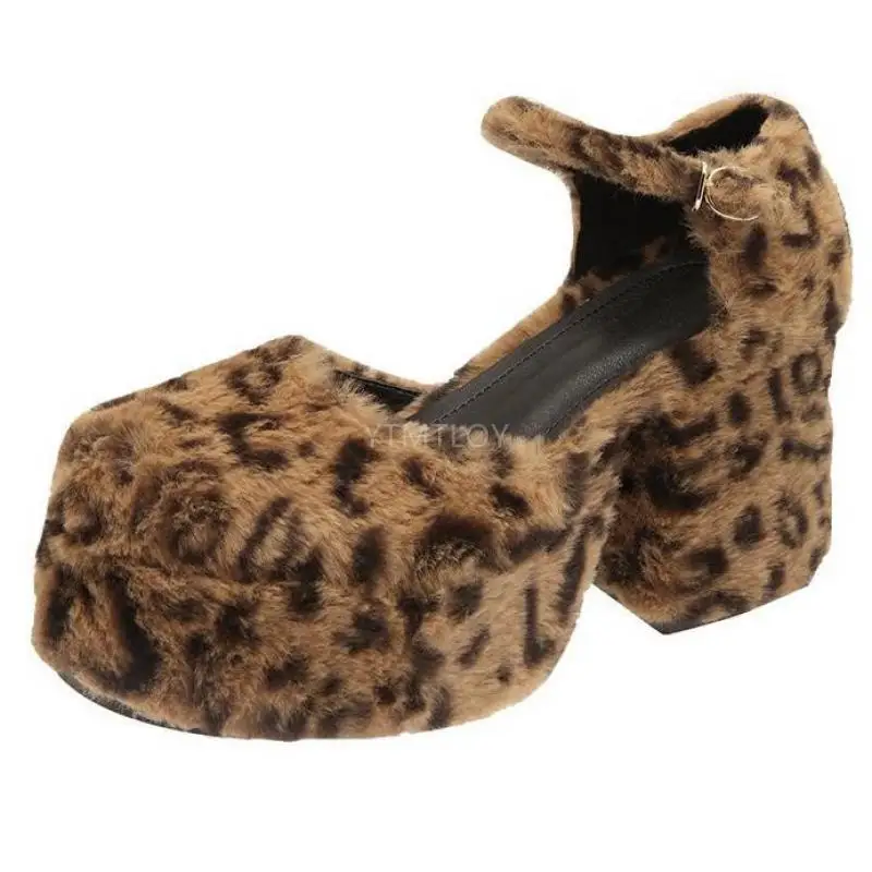 Zapatos de tacón alto con plataforma y piel de leopardo para Mujer, calzado de piel auténtica con punta redonda, 2021