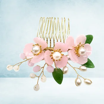 

1pc Hair Comb Elegant Pearl Inlaid Imitated Jade Flower Headwear Headdress Inserted Comb for Girls