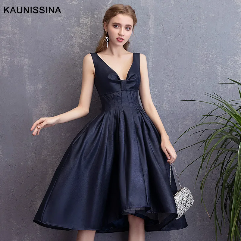 

KAUNISSINA A-Line Party Gown Navy Blue Eveing Dresses Deep V-Neck Pleated Backless Formal Dresses