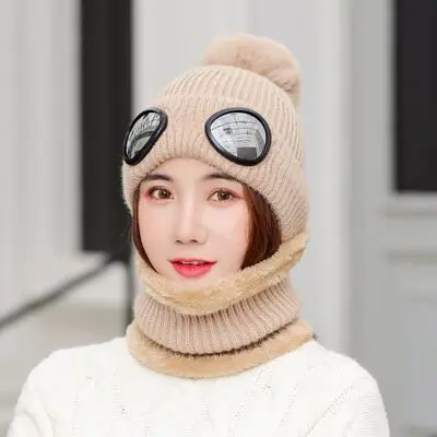 Зимняя шерстяная вязаная шапка для женщин, шарф Skullies Beanies, шапки для женщин, лыжные Съемные очки, шапки Gorras Bonnet, маски, шапки - Цвет: khaki
