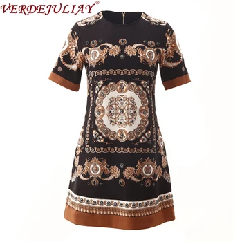 

VERDEJULIAY Autumn Women Retro Mini Dress 2020 High Qaulity Vintage Short Sleeve Flower Print Beading A-line Mini Dress Vestidos