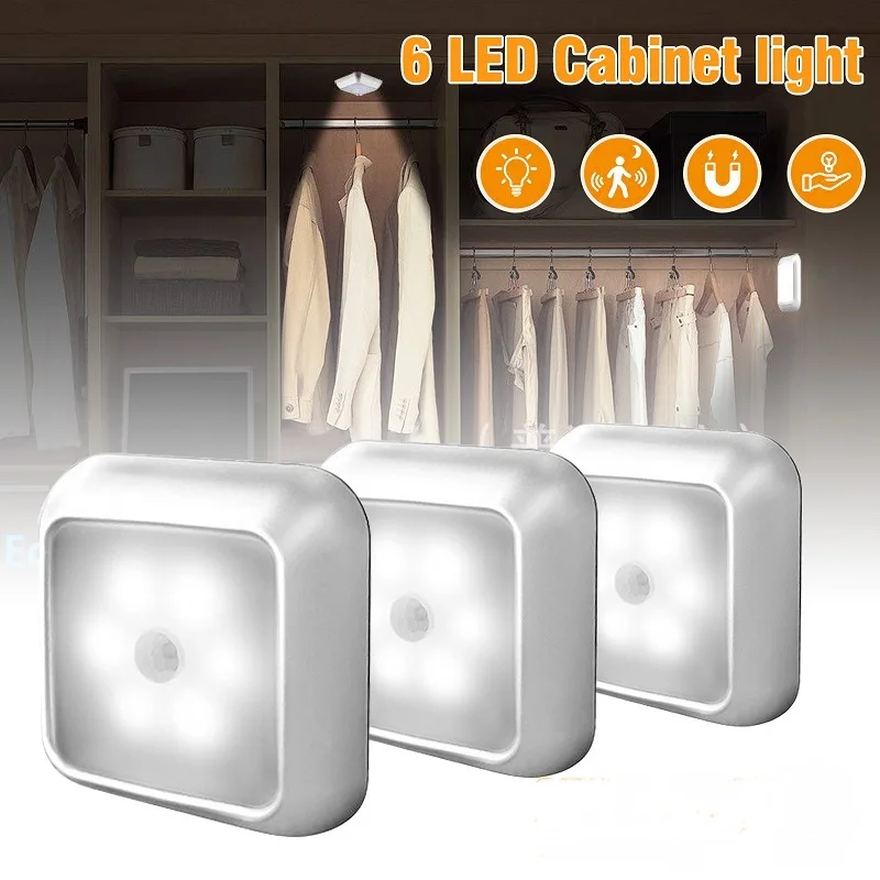 

NEW Battery Powered 6 LED Square Motion Sensor Night Lights PIR Induction Under Cabinet Light Closet Lamp for Stairs Kitchen