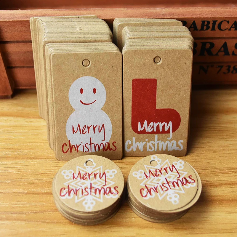 

100pcs Christmas Gift Tag Card with Rope Snowman Snowflake Tree Noel Navidad wishes Labels Tags Decor for Christams Gift