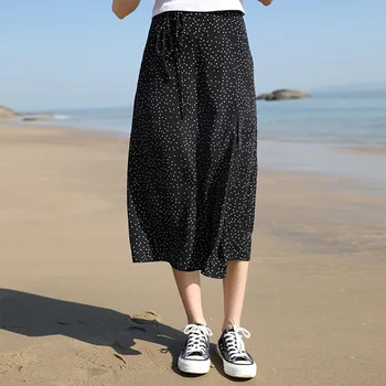 

Ailegogo Medium Long Women Polka Dot Skirt New Spring Summer A-line Female Black Skirt Streetwear Chiffon Ladies Skirts