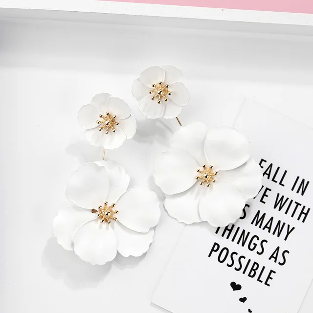 Lifefontier Korean White Flower Petal Drop Earrings Resin Rhinestone Pearl Long Tassel Dangle Earrings For Women Jewelry Girls A990722E