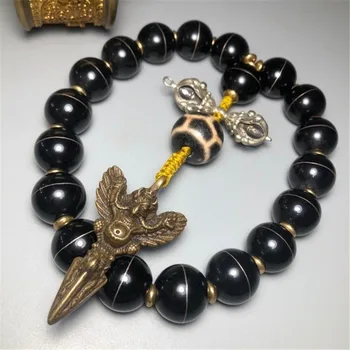 

Tibet Old Object Natural Black Agate Inlaid Silver Wire Tortoise Totem Roc Bird GZi Beads Rosary Bracelet Amulet w2010
