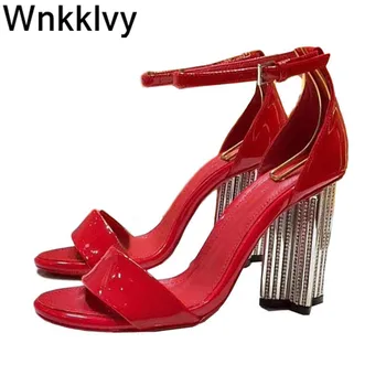 

Sandals women bling bling crystal high heel 2020 shiny leather summer dress party shoes ankle open toe sexy sandalies feninina