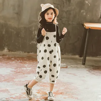 

Cuhk Children's Set Girl Long Sleeve Knitted T-shirt+Dot Loose Suspenders Trousers Two Piece Girls Clothes Casual Kids Outfits