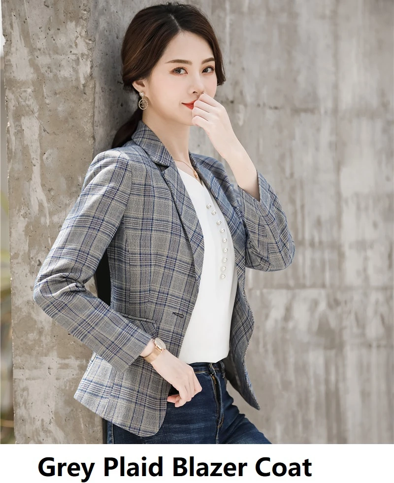 Grey Plaid Новинка, клетчатая куртка с двумя карманами, длинный рукав, для женщин, OL, стиль, Блейзер, бизнес стиль, для работы, одежда для офиса, для девушек, пальто, верхняя одежда, Blaser - Цвет: Grey Plaid