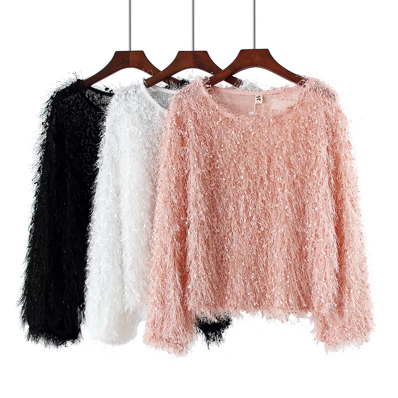 

Fringe long-sleeved shirt 2019 autumn new Korean version of the round neck short paragraph Lantern sleeve fur tops