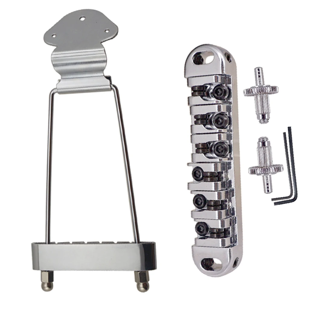 1 Set Electric Guitar Roller Saddle Bridge Hollowed String Tailpiece with Small Adjustable Lock Posts & Wrenches, Silver