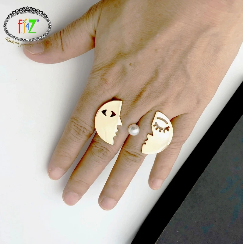 

F.J4Z Hot Double Finger Ring for Men & Women Fashion Man's Face Rings Simulated Pearl Fingers Jewelry Size10 Rings Dropship