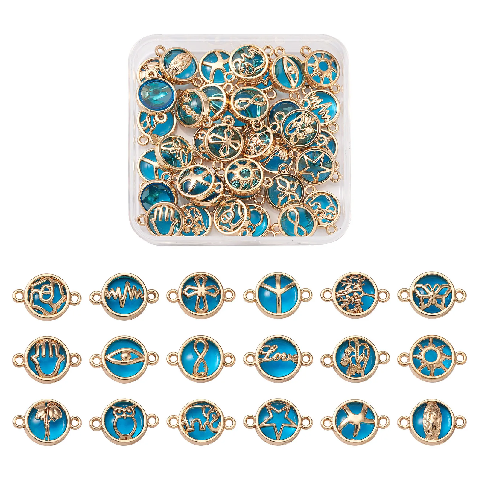 

1 Box Glass Faceted Links Connectors Flat Round Link with Stainless Steel Loops Alloy Findings for Necklace Bracelet DIY Jewelry