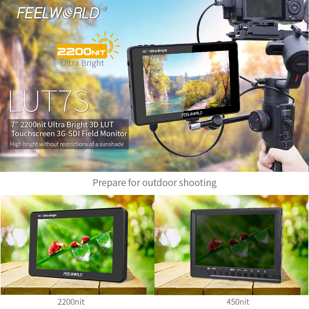 US $369.99 FEELWORLD LUT7S 7 Inch 2200nits 3G SDI 4K HDMI Touch Screen 3D LUT Field Monitor Full HD 1920x1200 IPS Monitor For DSLR Cameras