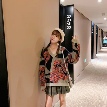 

Yocalor Casual Light Green Blue Navy Blue Sweater V Neck Knitted Pullovers Long Sleeve Patchwork Hit Color Loose Autumn Winter