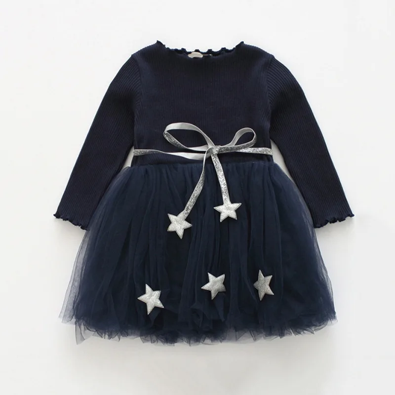 Осенние платья в горошек с длинными рукавами для девочек, платье с цветочной аппликацией, зимние вечерние платья-пачки принцессы, детская одежда - Цвет: Hide blue