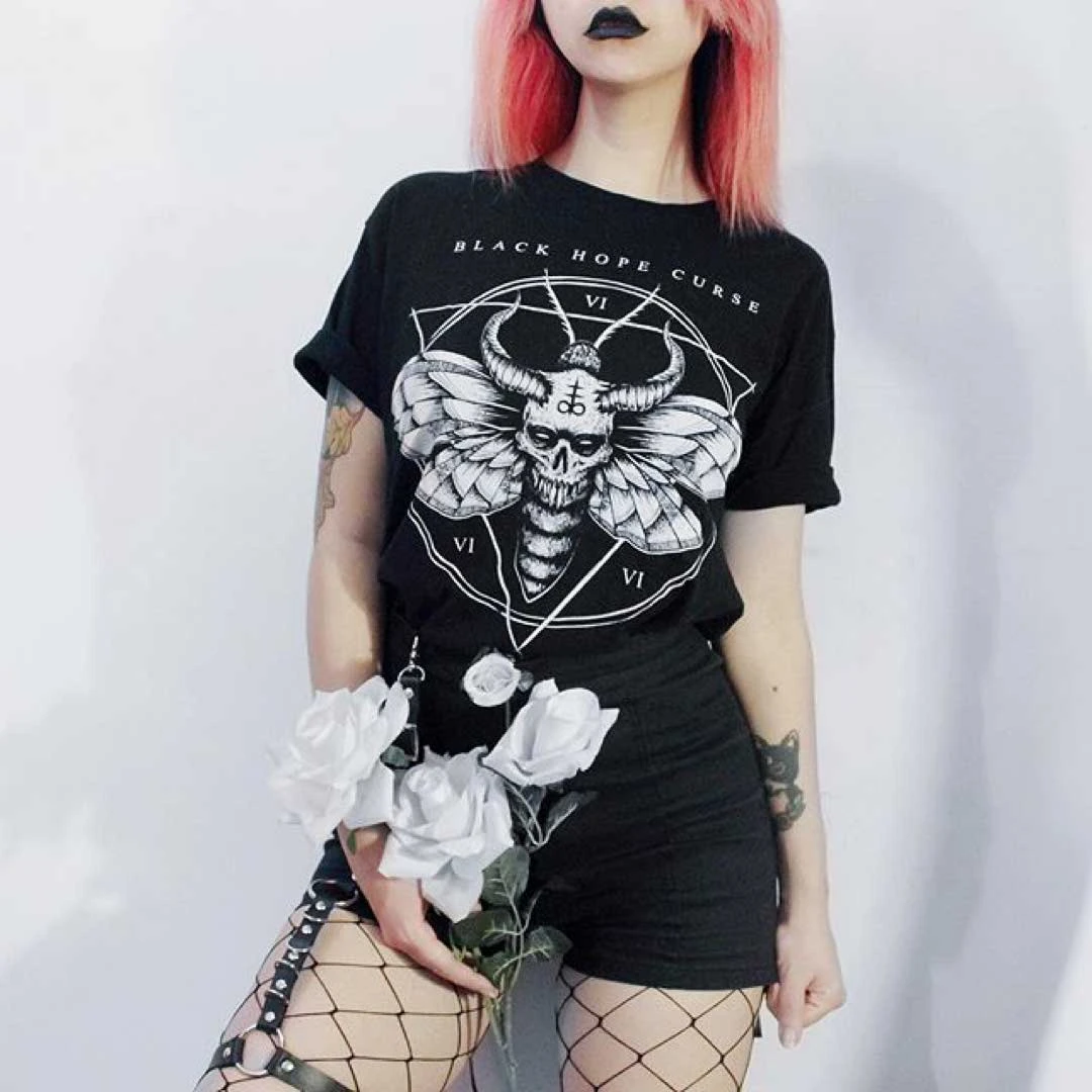 Camisetas góticas de Satán y Diablo para mujer, ropa Punk, Vintage, informal, de manga grande, con redondo, color negro, de verano|Camisetas| - AliExpress