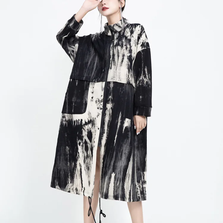 

Origional Separate Design 2019 Coat Women's Autumn And Winter Mid-length Retro Street Tie-dye Gradient Color Hoodie Coat