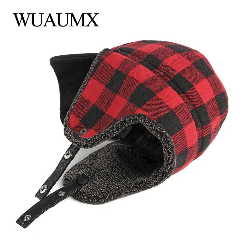 Winter Bomber Hats Men Women Thicken Russian Trapper Hat Earflap Baseball cap Red Black Plaid Windproof