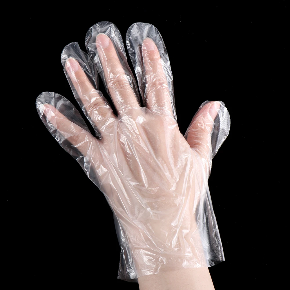 Paquet de 100 gants jetables transparents HDPE, idéaux pour le ménage et la cuisine.