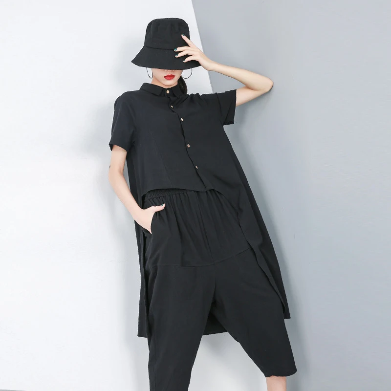 

TWO PIECE SET Irregular Tops Linen Long Blouse T Shirt Tweed Suit Loose Pants Elastic Waist Female Clothes 2 Pieces Set Summer