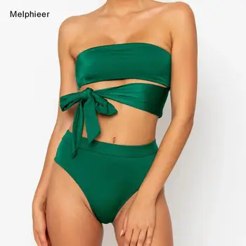 

2020 summer green bikini irregular cut swimsuit ladies bow tie swimwear women bandage bandeau bikini beach bathing suit biquini