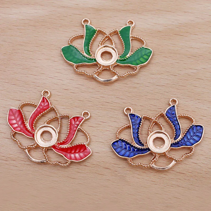 

100pcs Metal Color Oil Painted Enamel Lotus Flower Pendant Charms DIY Hair Clip Bows Clothing Decoration Jewelry Accessories