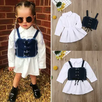 

Newborn Baby Girls Long Sleeve Sling Shirt Denim Skirt Dress Sunsuit Clothes