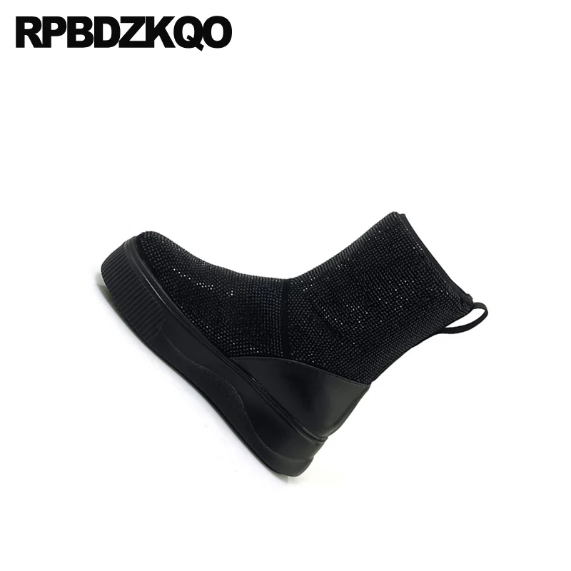 flatform sparkly winter snow boots women ankle black muffin creepers shoes plush platform rhinestone bling handmade diamond